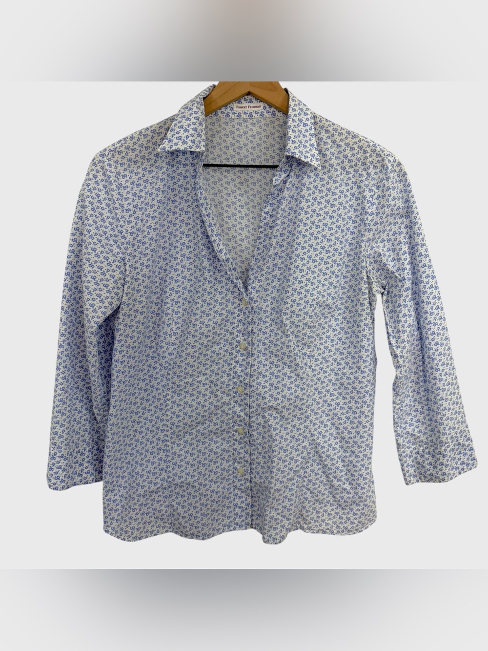Robert Friedman White + Cornflower Blue Floral Print Cotton Button Down Shirt